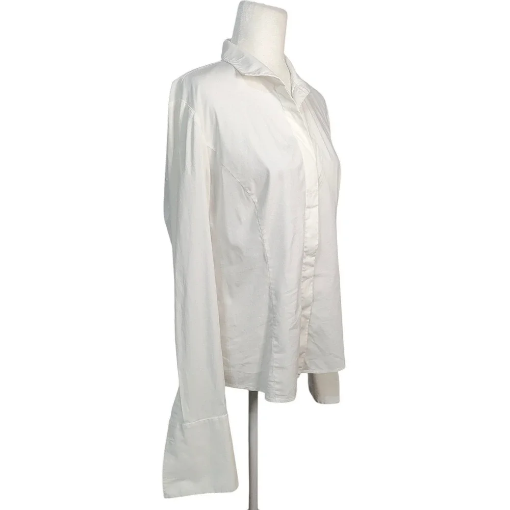 Lafayette 148 New York White Stretch Cotton Button Down Shirt French Cuffs 10 - Picture 3 of 11